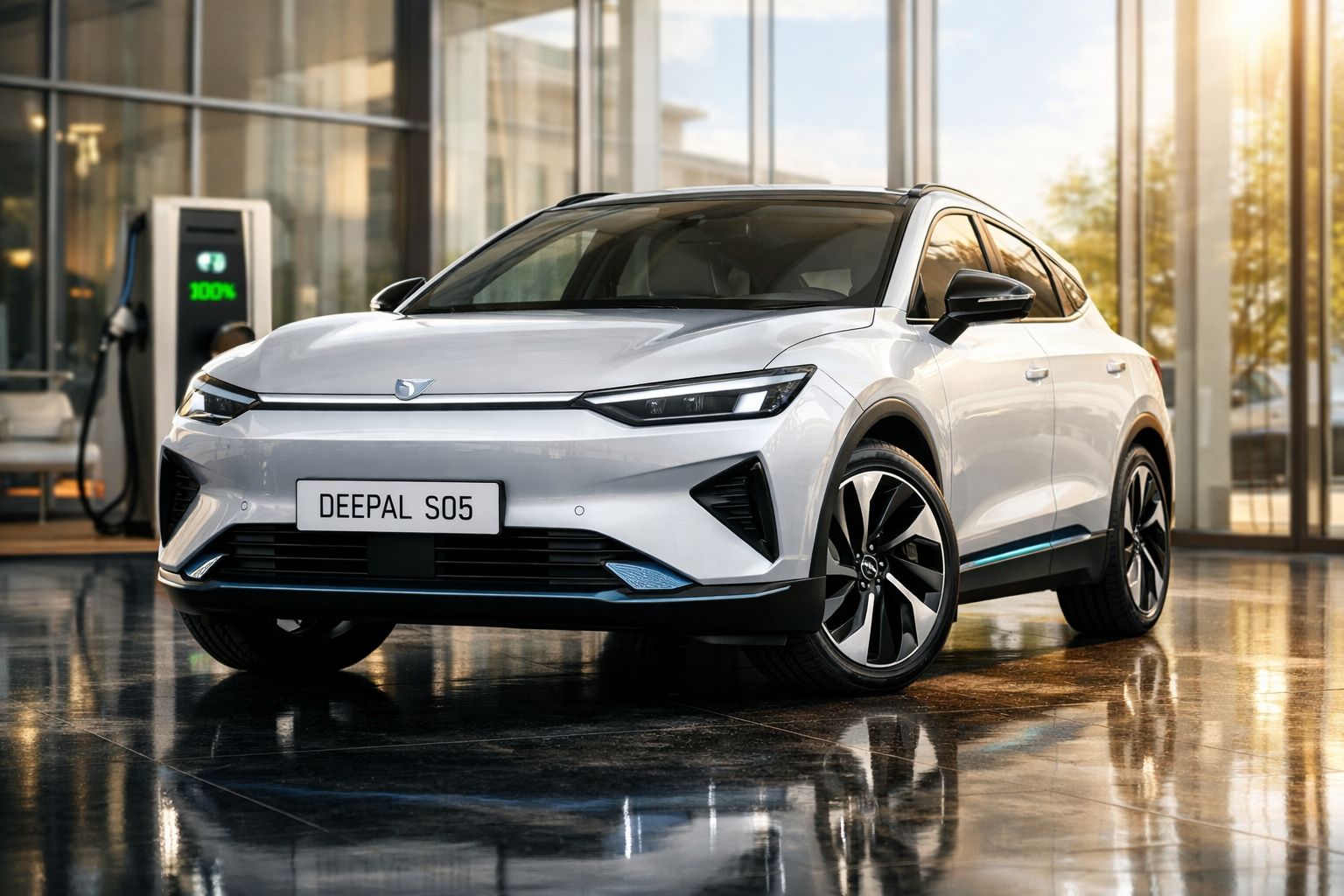 Carro elétrico branco DEEPAL S05 estacionado próximo a estação de recarga com indicador de 100% da bateria.