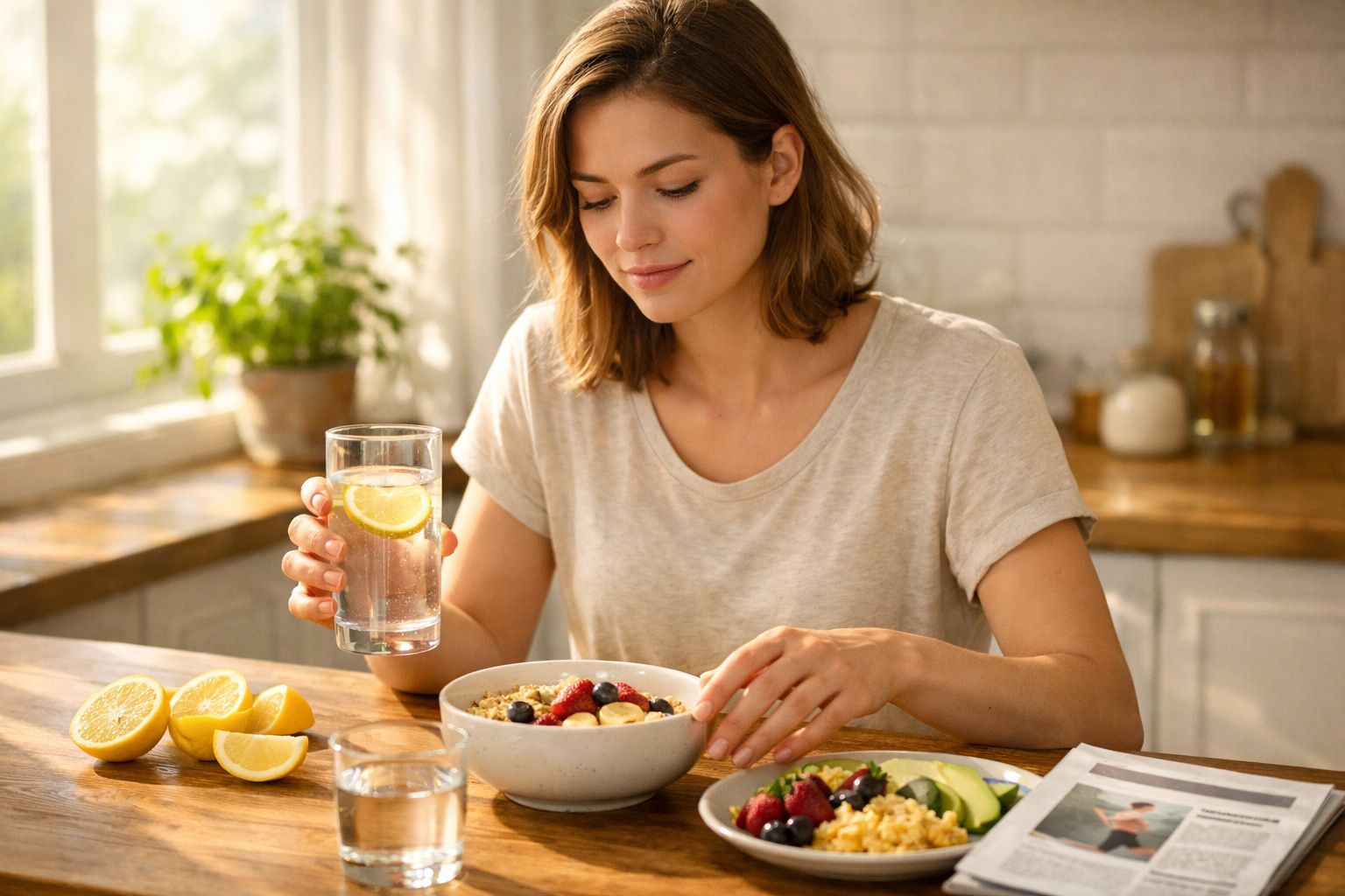 Mulher jovem segurando copo de água com limão enquanto toma café da manhã saudável em cozinha iluminada.