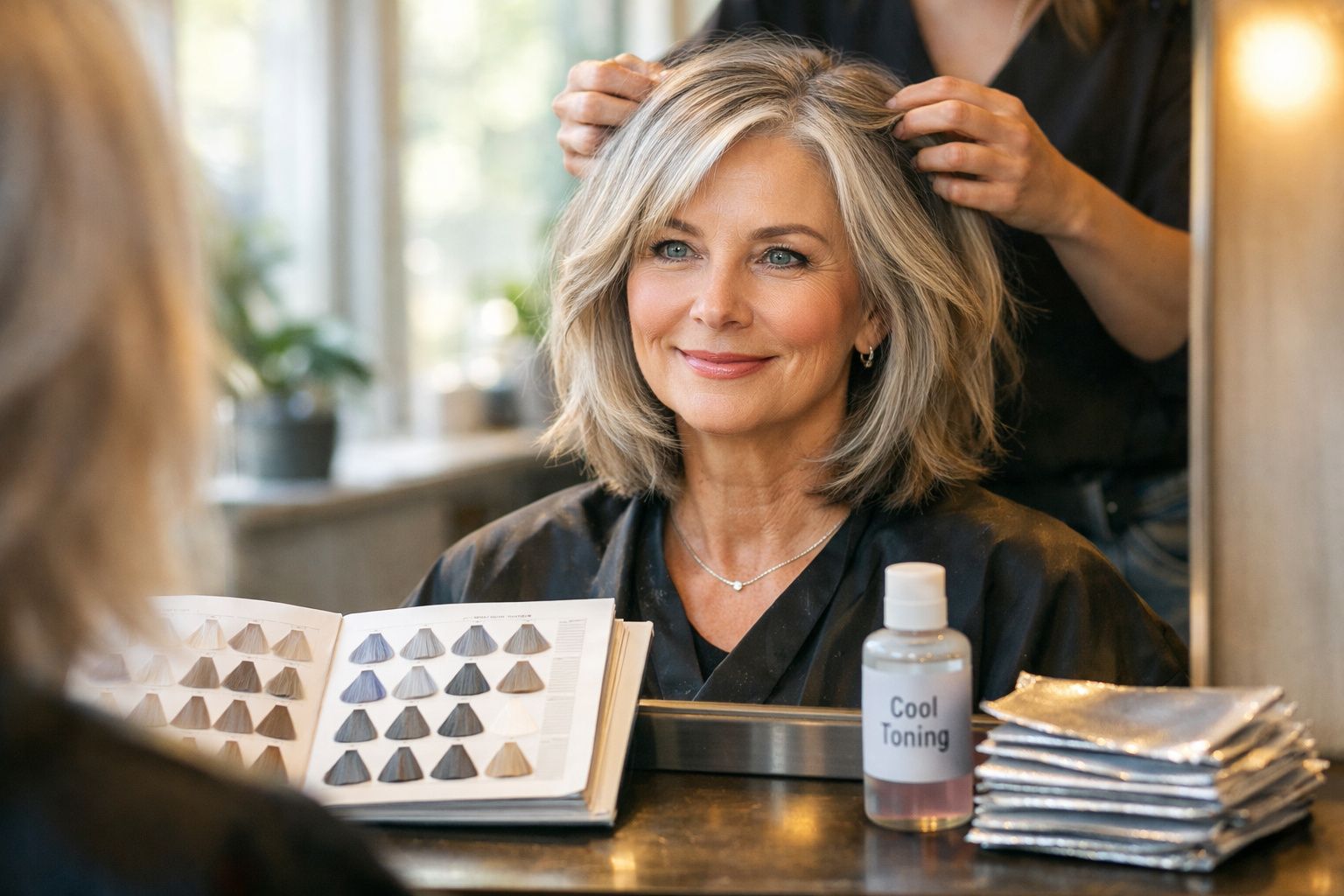Mulher sorrindo no salão de beleza enquanto profissional arruma seu cabelo e mostra cores de tintura.