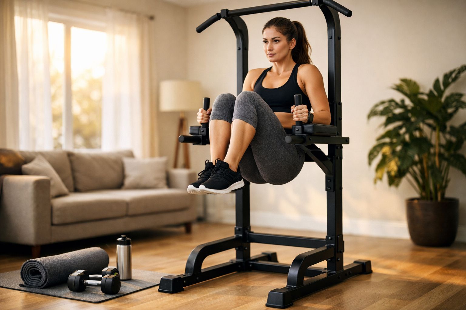 Mulher fazendo exercício abdominal em equipamento de ginástica em sala de estar iluminada.