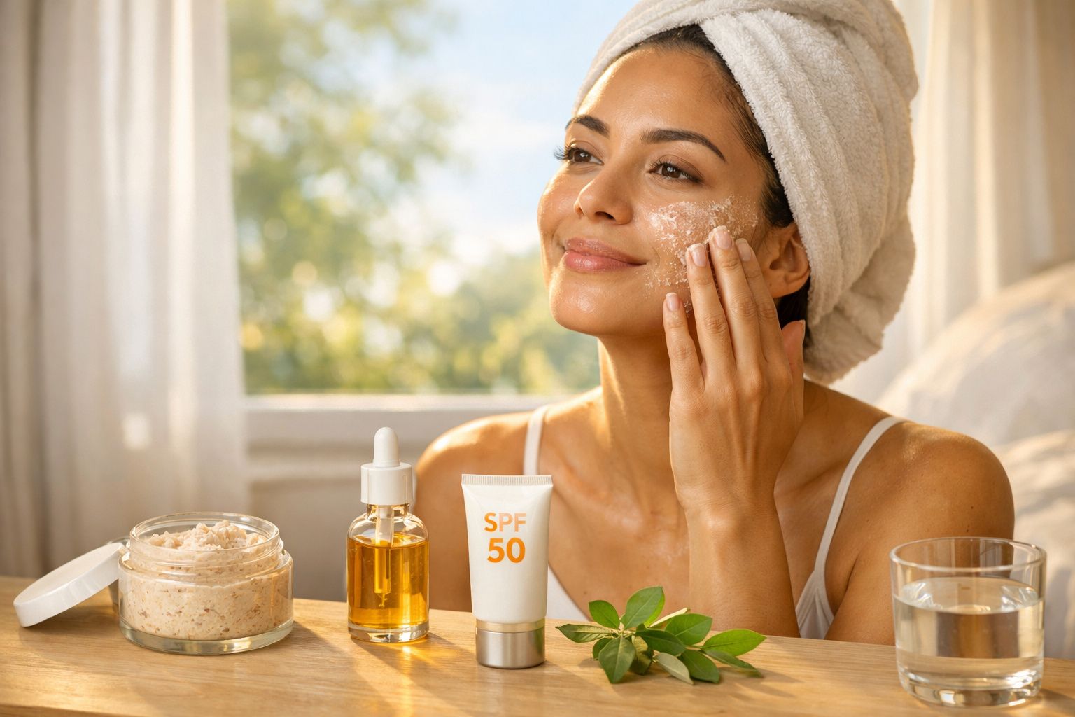 Mulher com toalha na cabeça aplicando esfoliante no rosto, com produtos de skincare sobre a mesa.