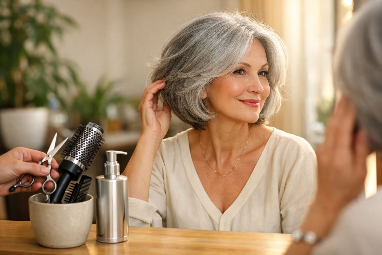 Mulher madura com cabelo grisalho sorrindo e se olhando no espelho em salão de beleza.