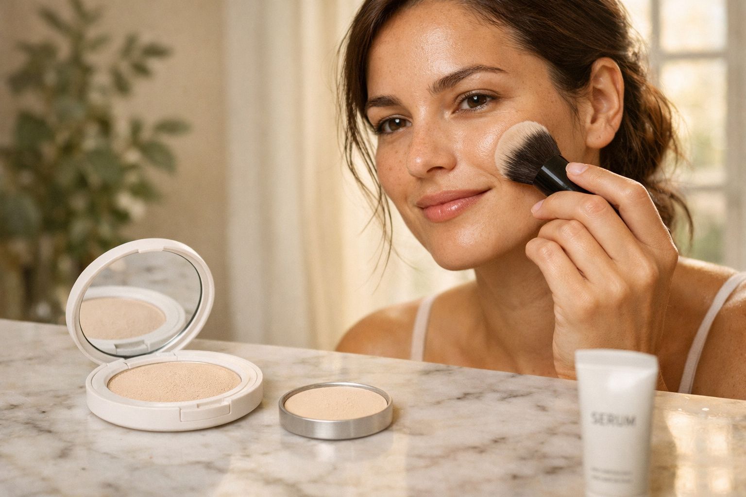 Mulher aplicando maquiagem facial com pincel ao lado de pó compacto e sérum em bancada de mármore.