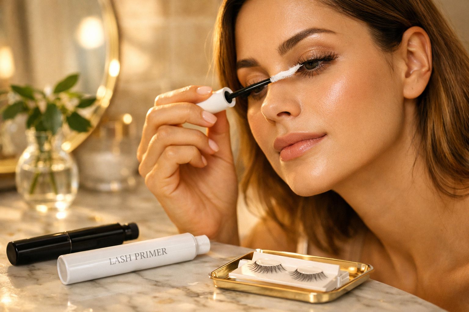 Mulher aplicando primer para cílios em frente a um espelho com cílios postiços e máscara preta sobre a pia.