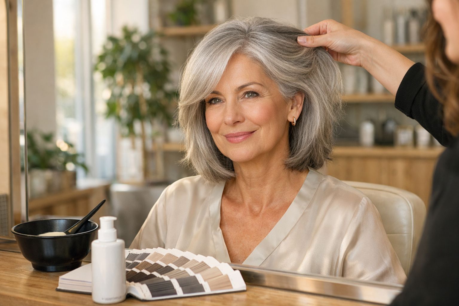 Mulher de cabelos grisalhos sentada em salão de beleza, sorrindo enquanto profissional ajeita seus cabelos.