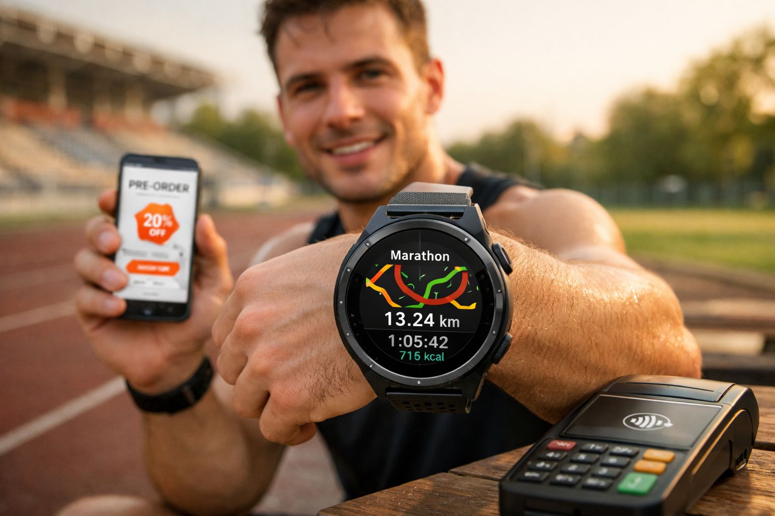 Homem mostra relógio com dados de maratona e celular com promoção em pista de corrida ao pôr do sol.