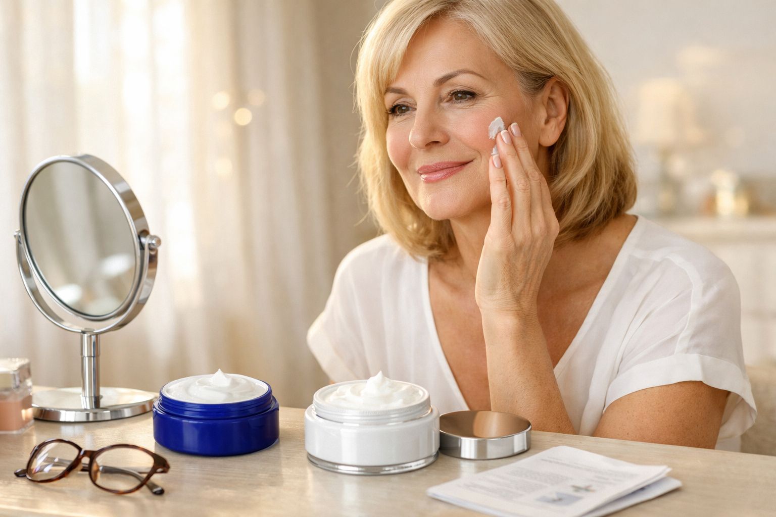 Mulher madura aplicando creme facial em frente ao espelho em ambiente claro e aconchegante.