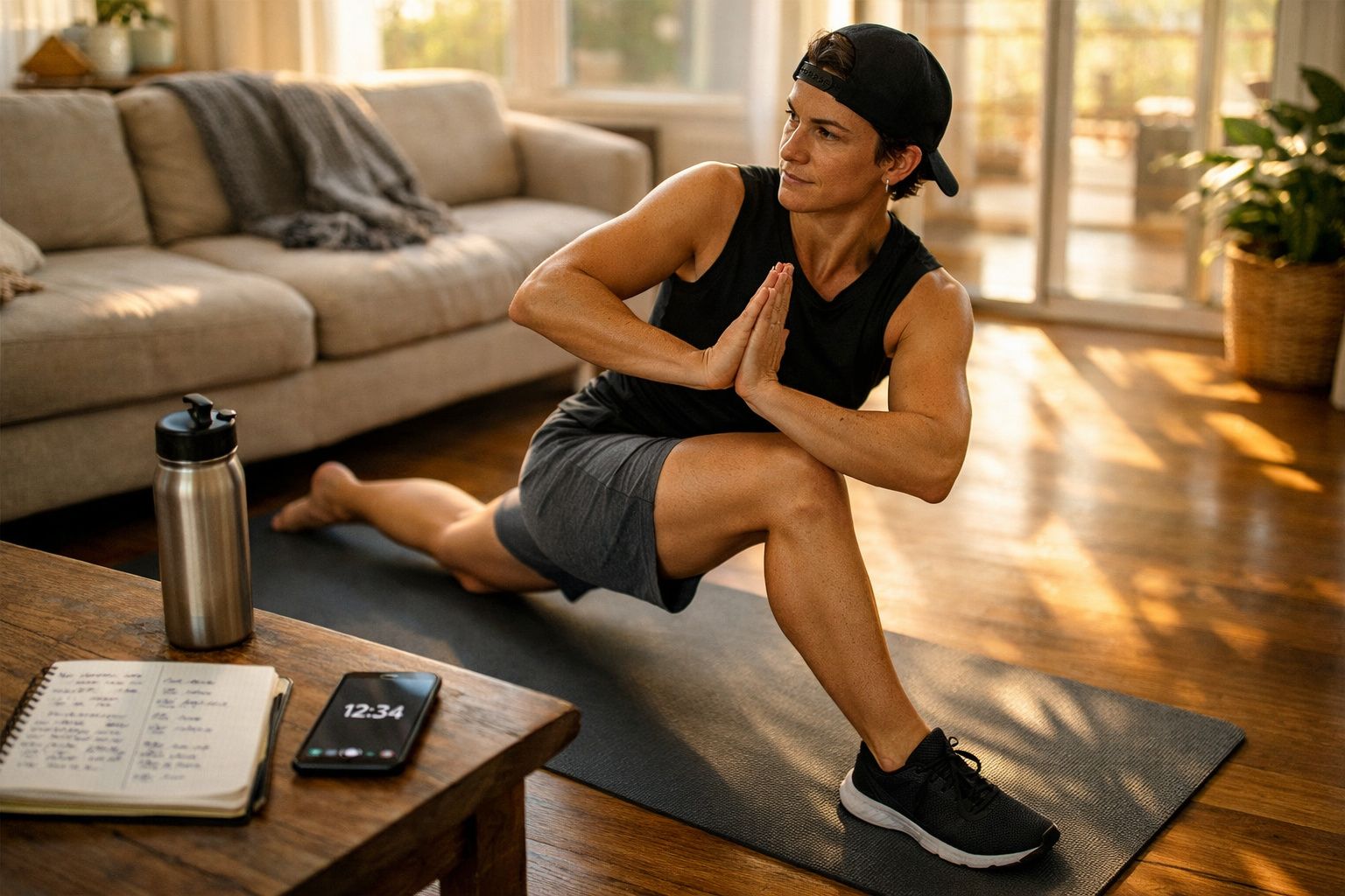 Pessoa fazendo alongamento em tapete de yoga na sala, próxima a uma garrafa, celular e caderno.