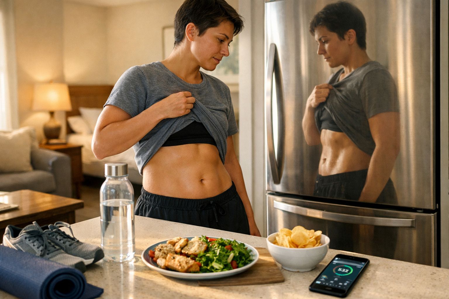 Mulher olhando a barriga no reflexo da geladeira ao lado de comida saudável na bancada da cozinha.