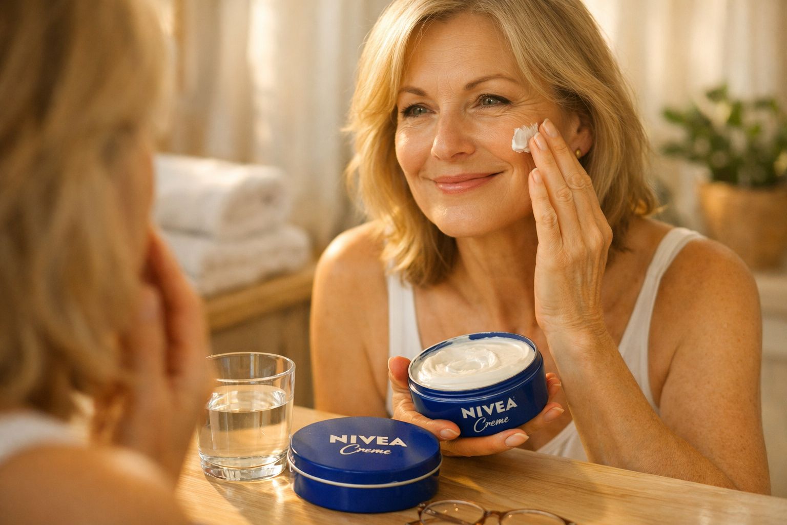 Mulher sorrindo aplica creme Nivea no rosto em frente ao espelho, com copo de água sobre a mesa.