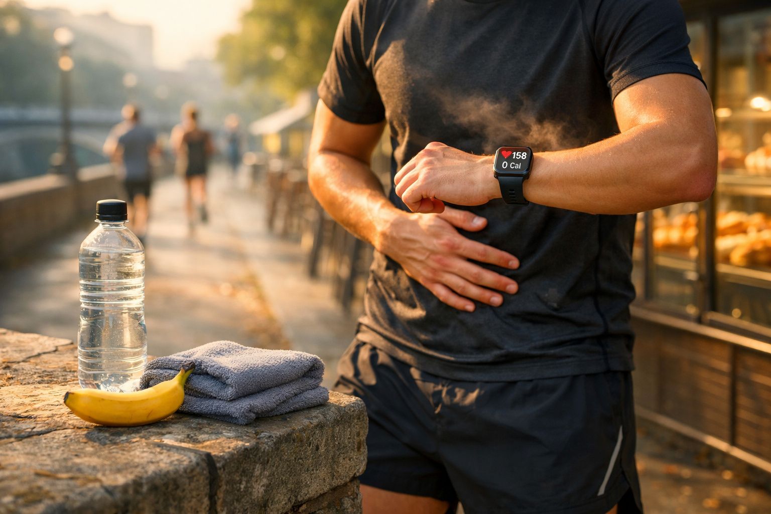 Pessoa vestindo roupa de treino preta checando smartwatch após corrida, com banana, toalha e garrafa d'água ao lado.