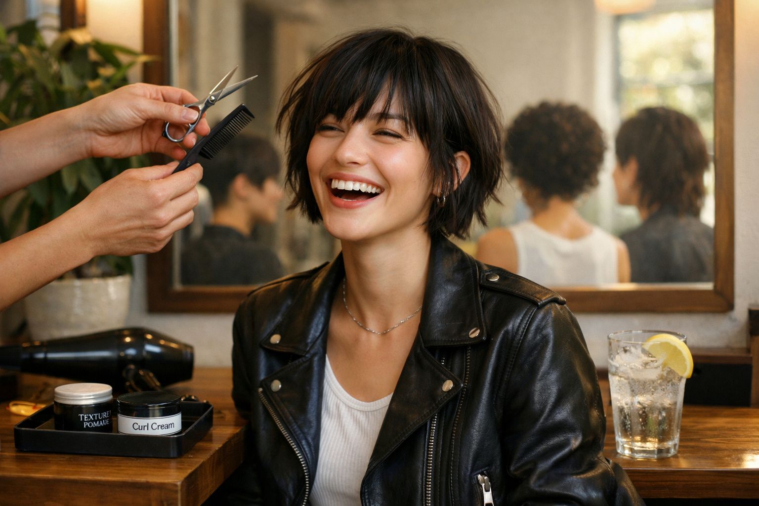Jovem sorridente com cabelo curto recebe corte em salão com espelho ao fundo e copo com limão na mesa.