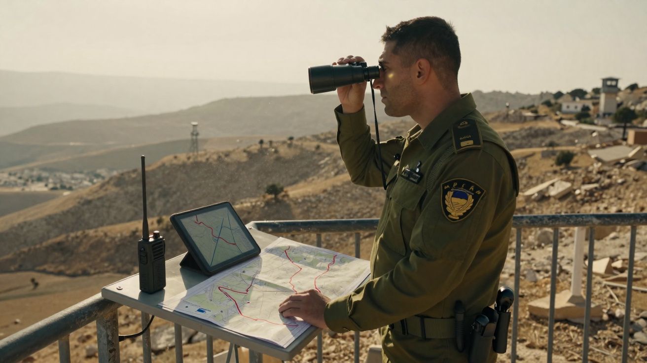 Soldado em posto de observação usando binóculos com mapas e rádio em mesa ao ar livre em área montanhosa.