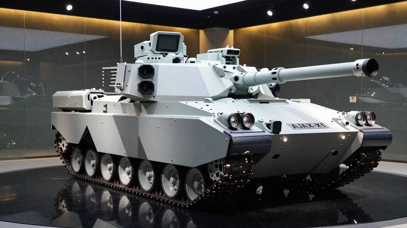 Tanque de guerra moderno branco exposto em ambiente interno com iluminação nas laterais.