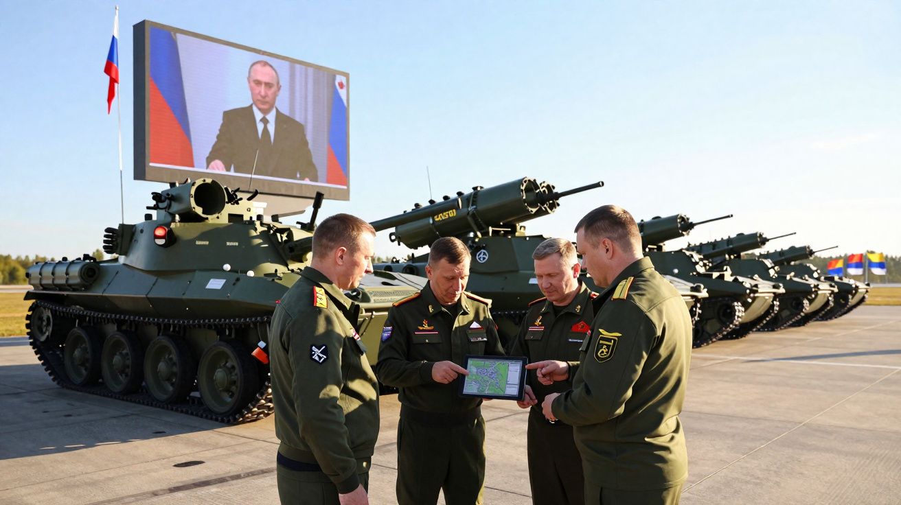 Quatro militares em frente a tanques com uma tela gigante exibindo Vladimir Putin ao fundo.