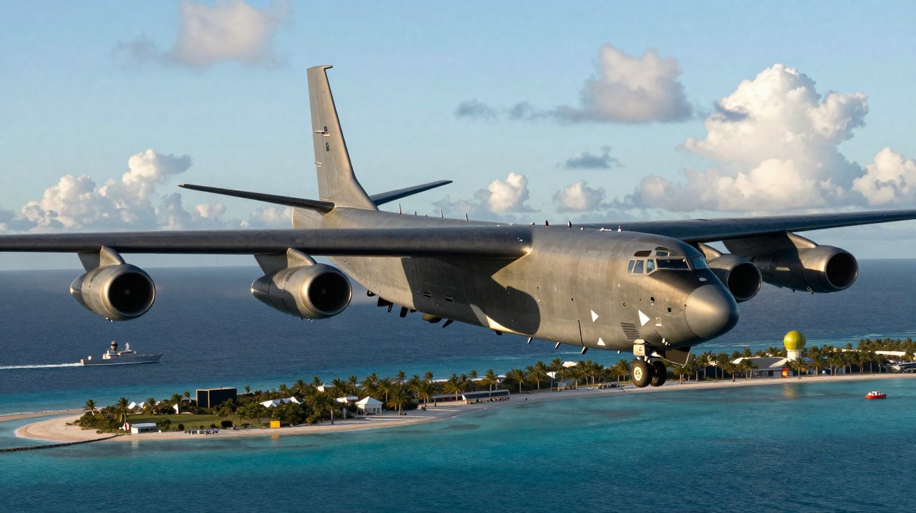 Avião militar voando sobre ilha tropical cercada por mar azul com navio ao fundo.