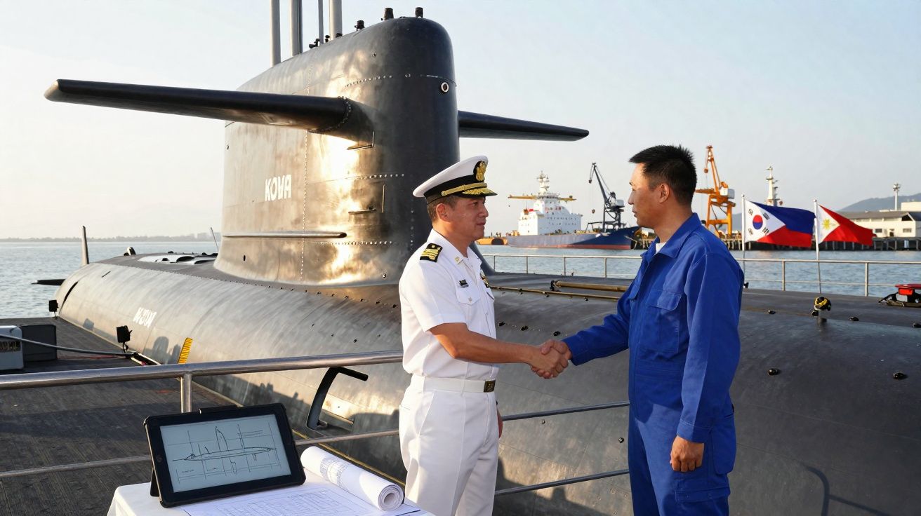 Dois homens apertam as mãos em frente a um submarino ancorado, com bandeiras e navios ao fundo.