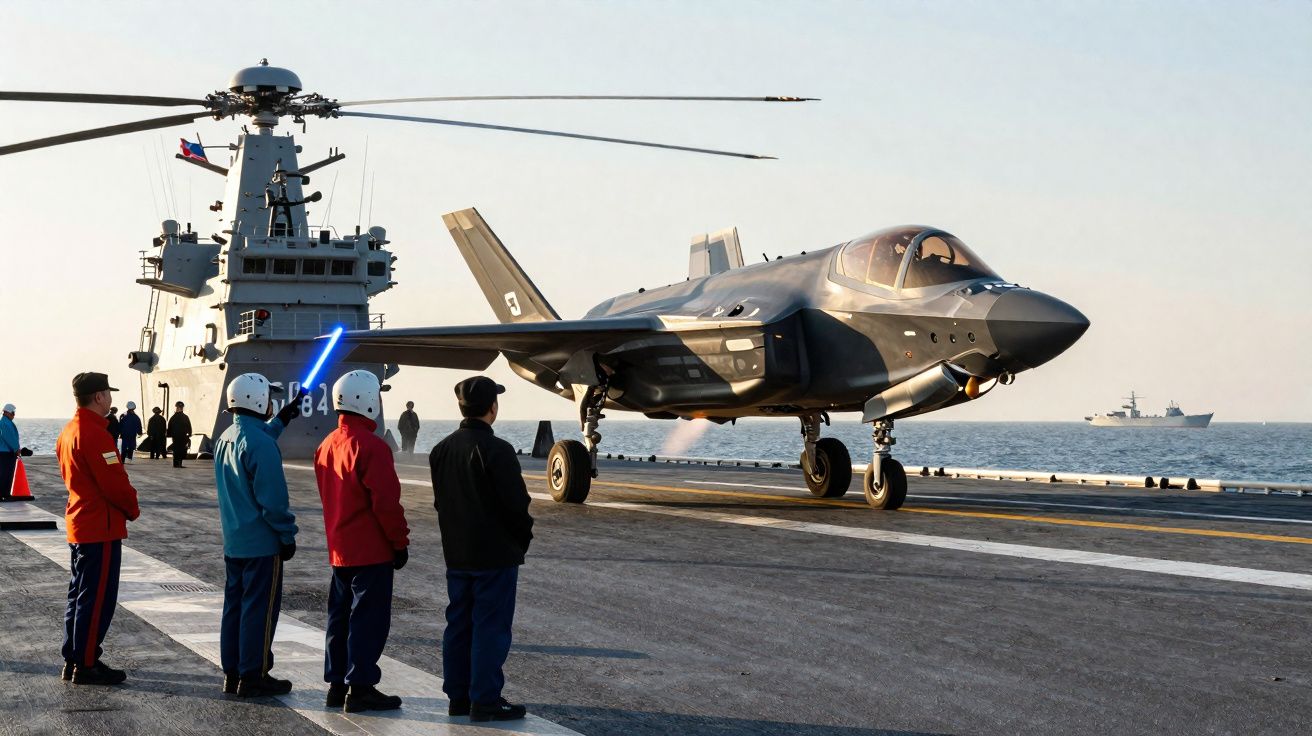 Caça militar F-35 pousando em porta-aviões com quatro militares observando na pista ao pôr do sol.