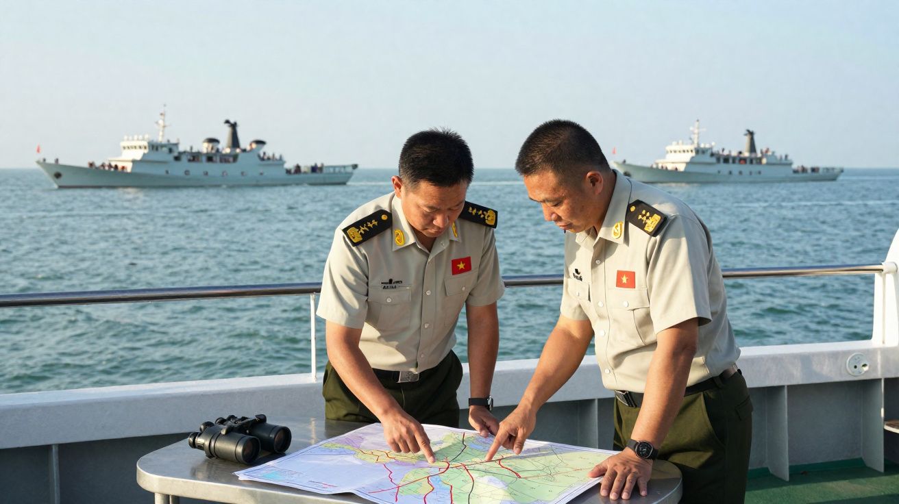 Dois militares vietnamitas analisam um mapa sobre uma mesa em um navio, com dois navios ao fundo no mar.