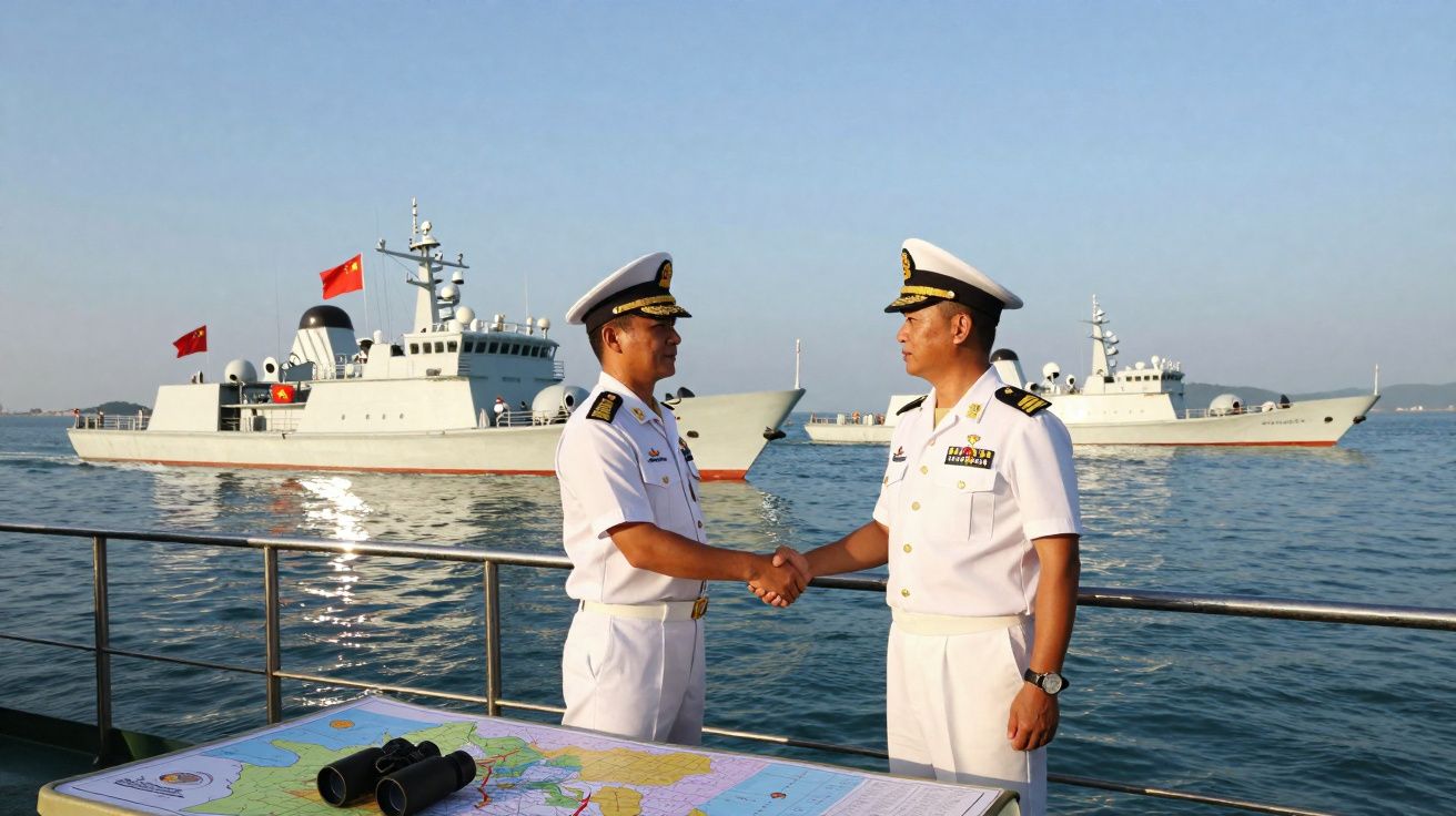 Dois oficiais navais apertam as mãos em um convés com mapa e binóculos, com navios militares ao fundo.