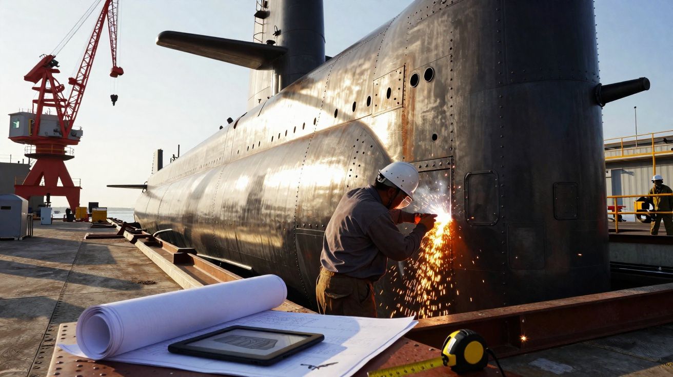 Trabalhador solda submarino em doca com capacete, ao lado de plantas e equipamentos de medição.