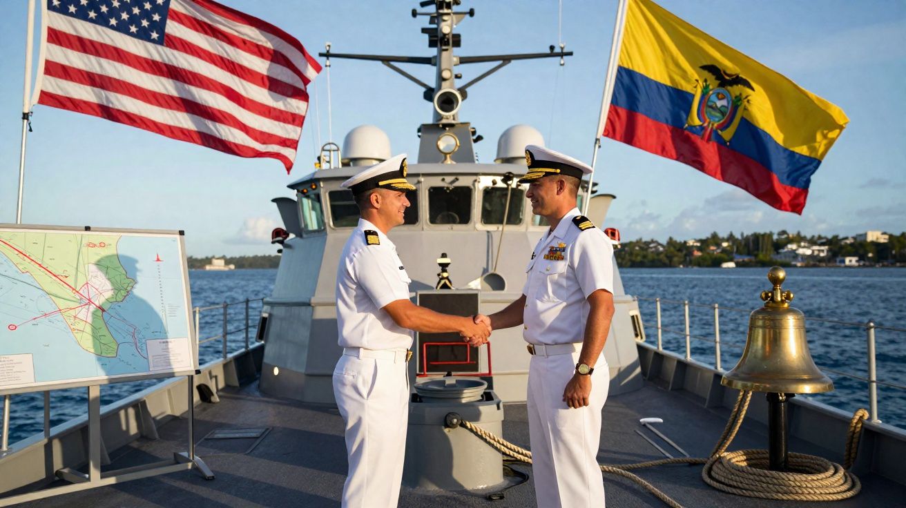 Dois oficiais navais em uniforme branco apertando as mãos a bordo de navio com bandeiras dos EUA e Equador.