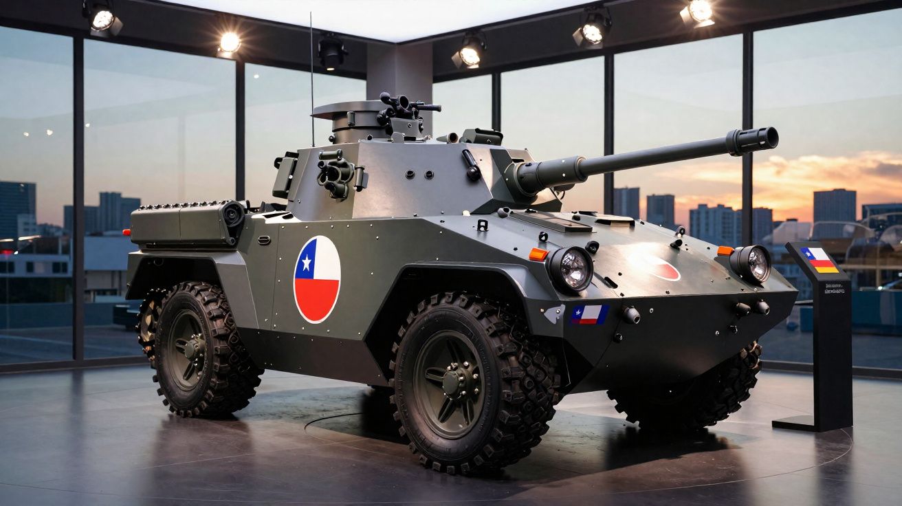 Veículo blindado militar com canhão e rodas grandes exibido em ambiente interno moderno ao pôr do sol.