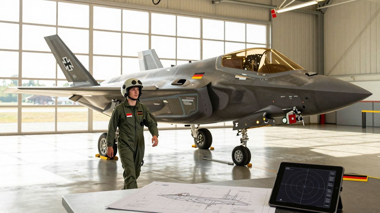 Piloto militar caminha em hangar próximo a avião de caça moderno com bandeira da Alemanha.