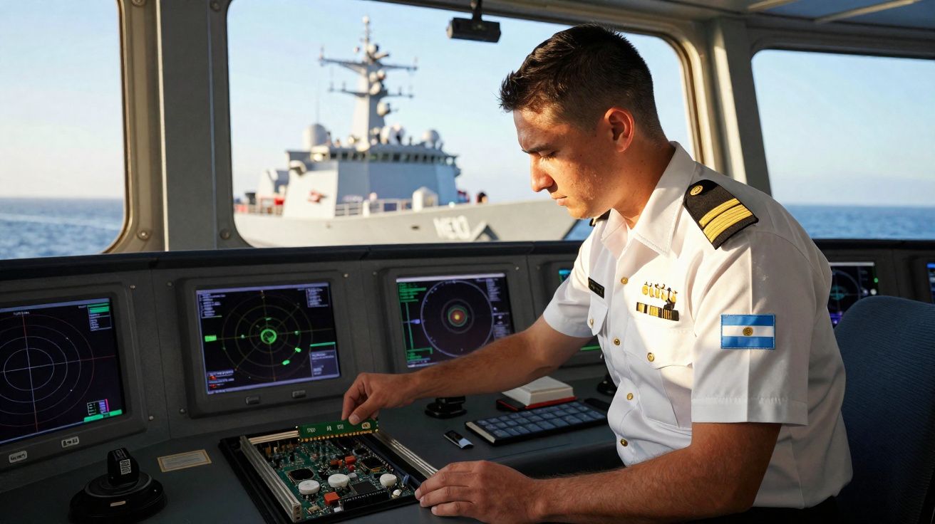 Oficial naval argentino operando equipamento eletrônico na ponte de comando de navio no mar.