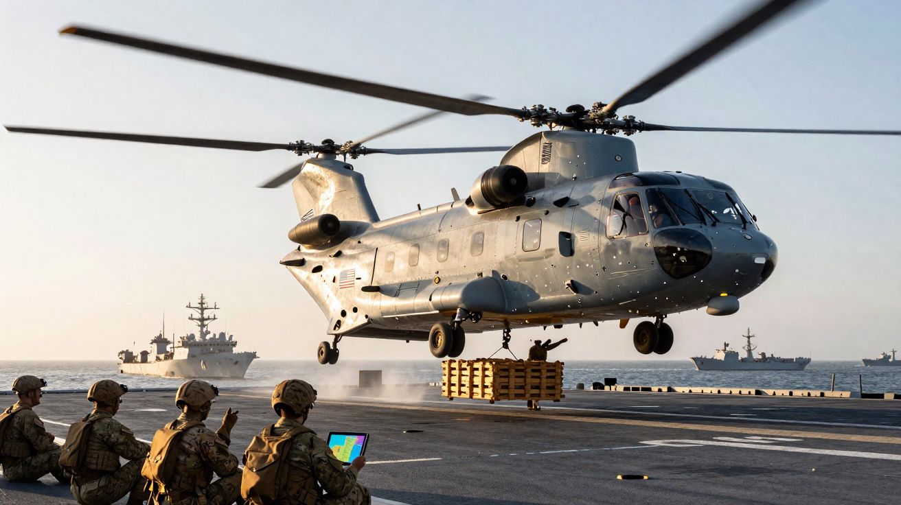 Helicóptero militar Chinook transporta carga enquanto soldados observam sobre navio no mar ao entardecer.
