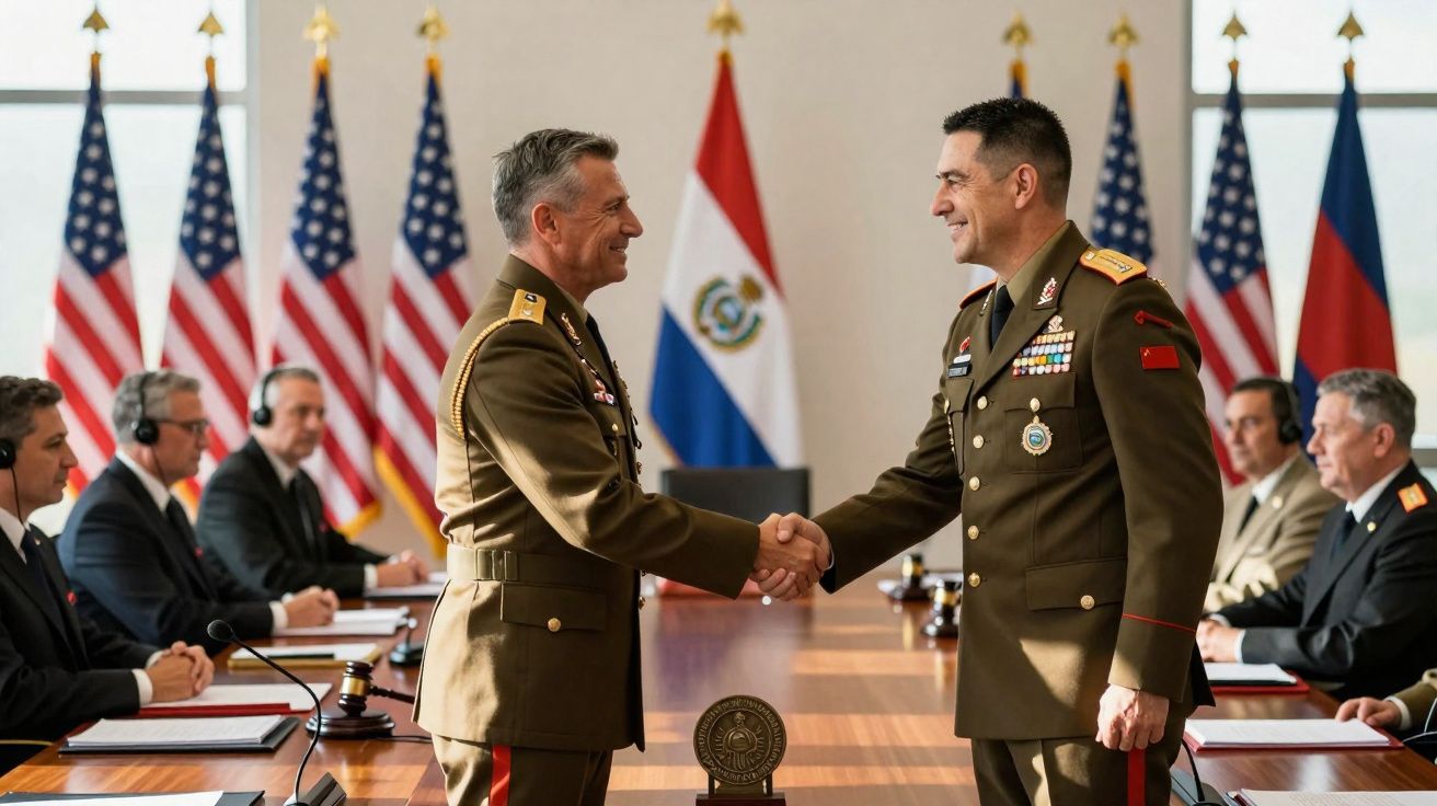 Dois oficiais militares apertando as mãos em reunião formal com bandeiras dos EUA e Paraguai ao fundo.
