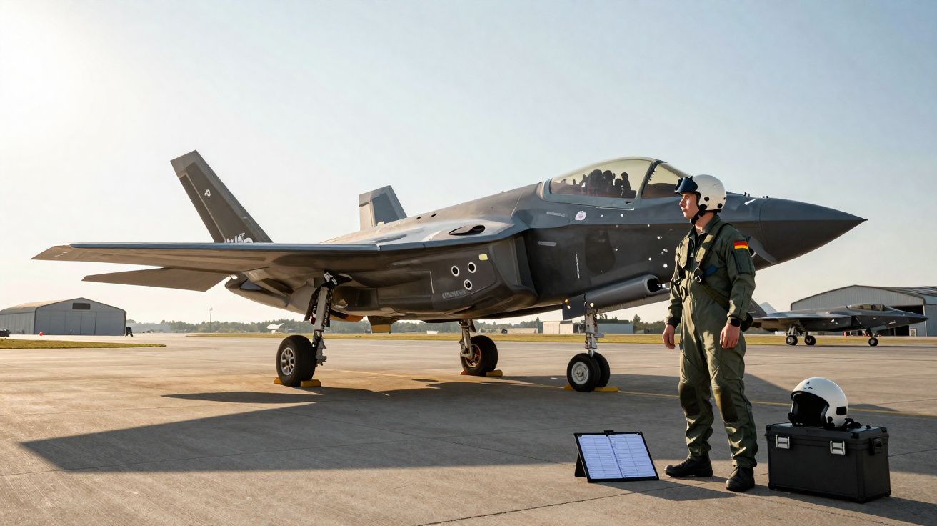 Caça furtivo estacionado em pista com piloto ao lado e capacete sobre caixa preta.