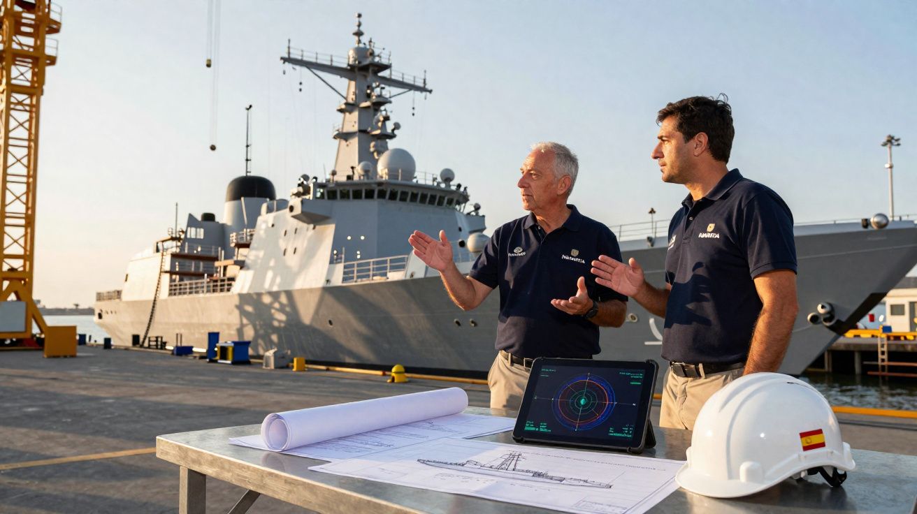 Dois engenheiros discutem projetos navais em um porto, com navio de guerra e equipamentos à mesa.