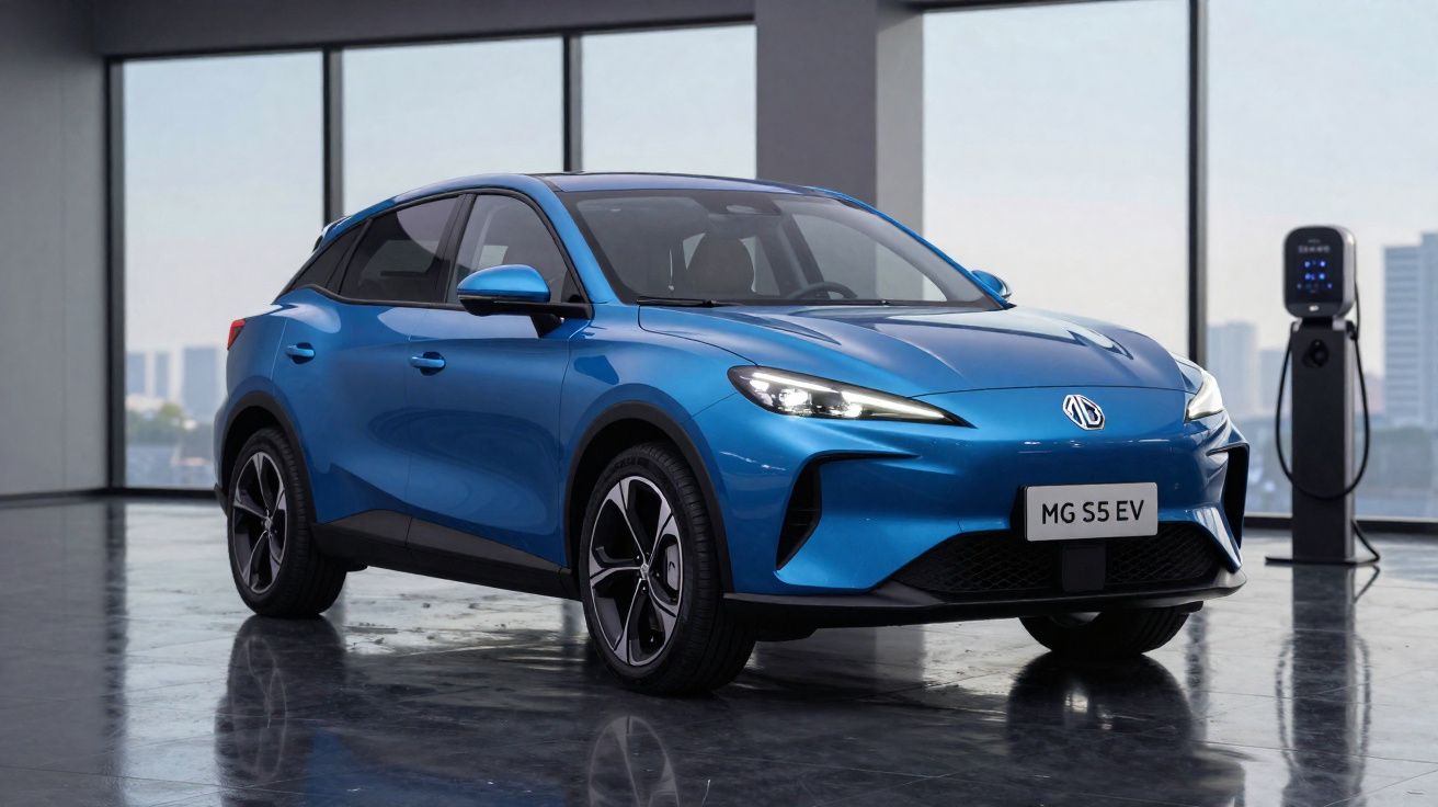 Carro elétrico azul MG S5 EV estacionado em garagem moderna ao lado de carregador elétrico.