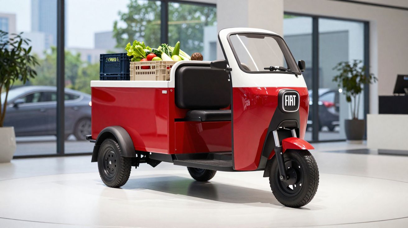 Motocargo elétrico vermelho FIAT estacionado com caixas de verduras na caçamba em ambiente interno.