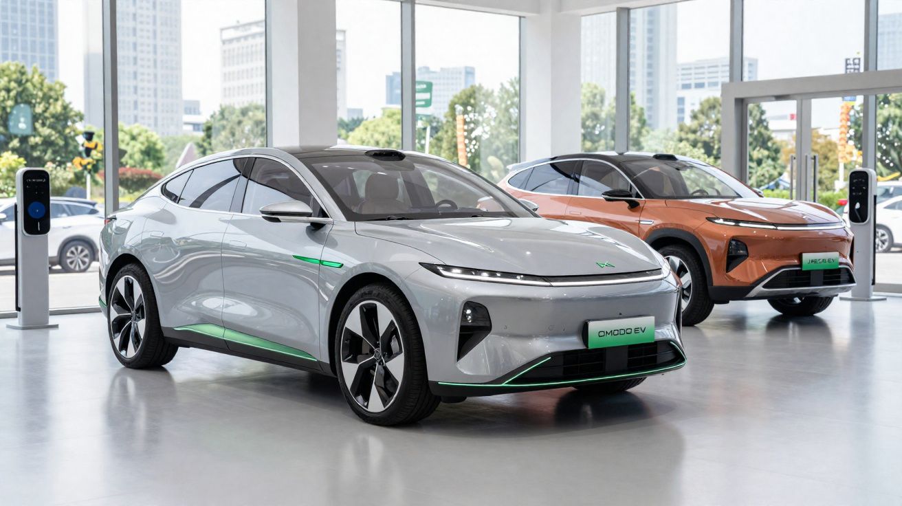 Dois carros elétricos modernos, um prata e um laranja, expostos em showroom com janelas amplas.