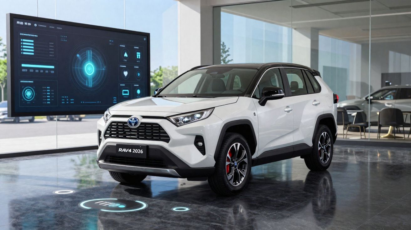 SUV Toyota RAV4 2026 branco exibido em showroom moderno com tela digital ao fundo.