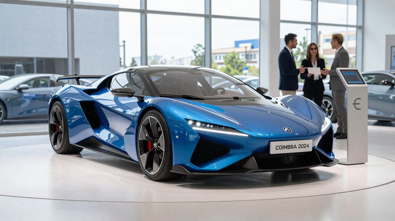 Carro esportivo azul brilhante modelo Coimbra 2024 exibido em showroom moderno com pessoas ao fundo.