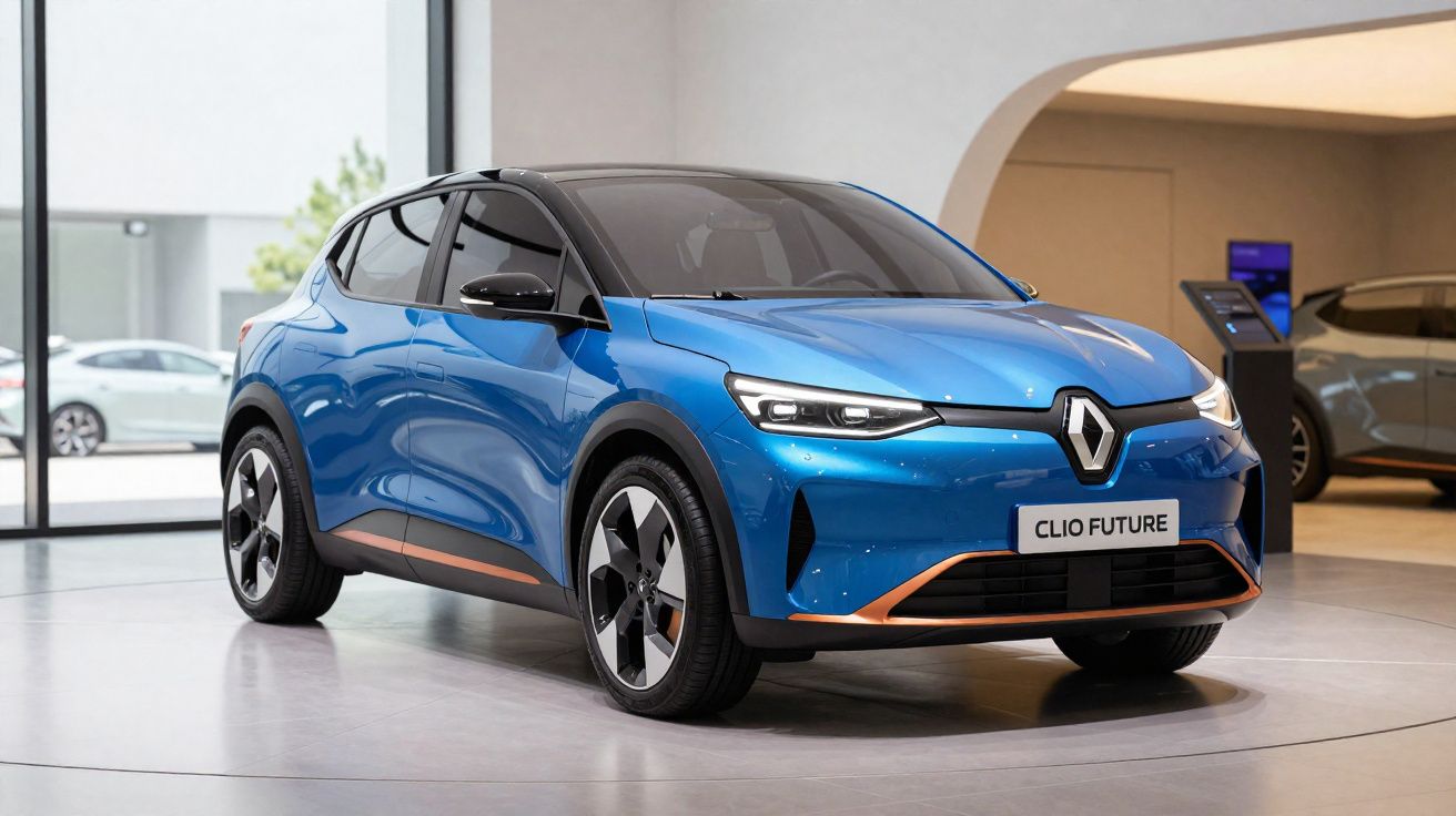 Carro elétrico Renault Clio Future azul em exposição interna com detalhes em cobre e teto preto.