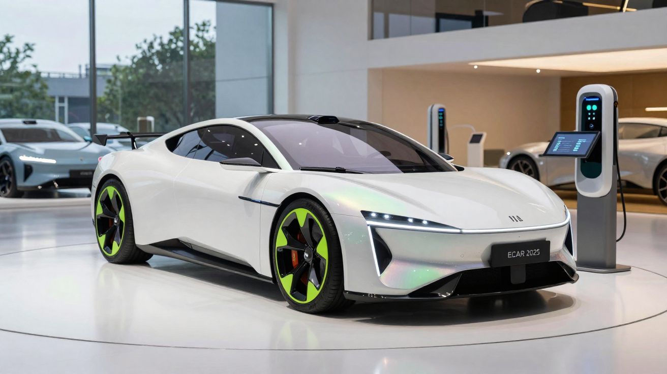 Carro esportivo elétrico branco com rodas verdes em exposição, próximo a estação de recarga, em showroom moderno.