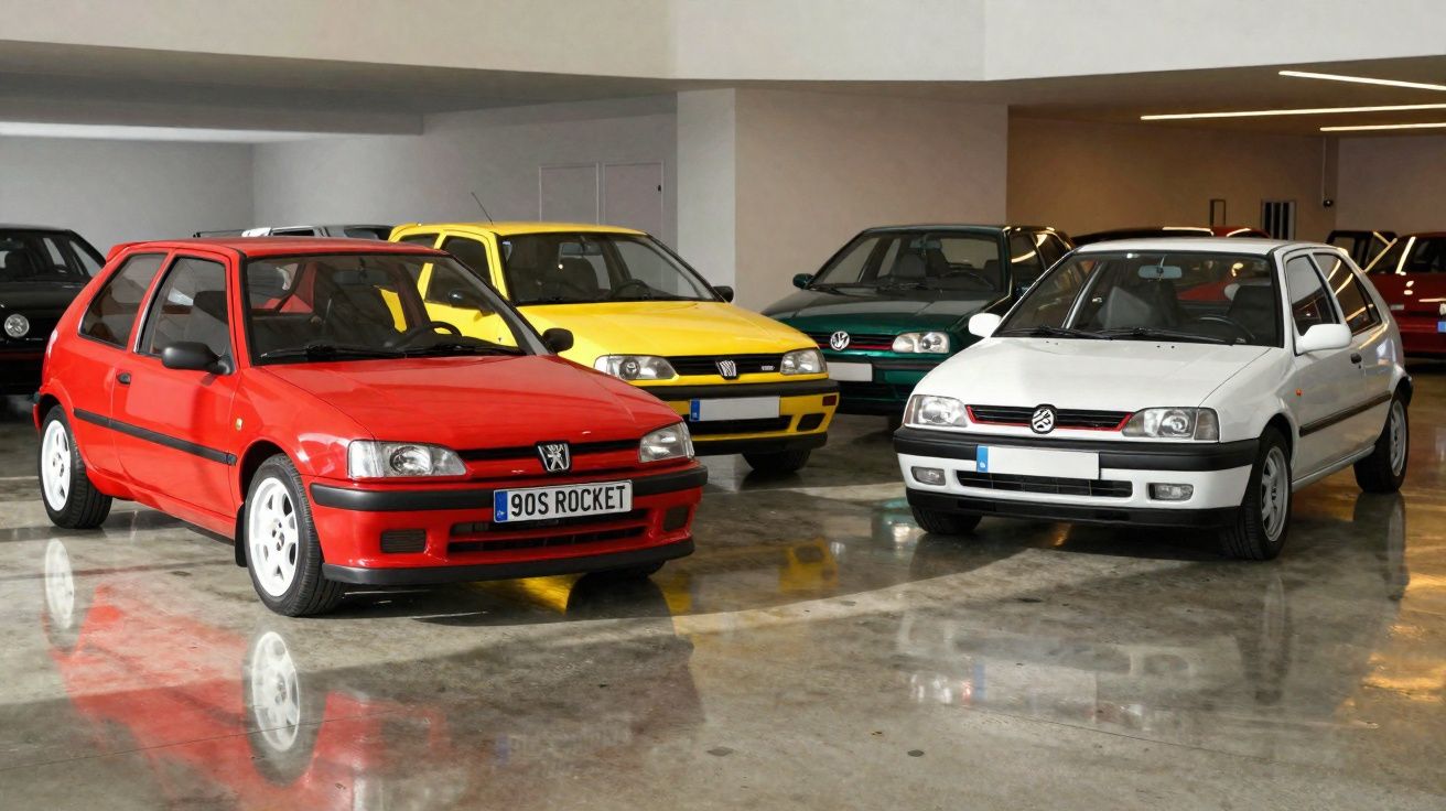 Carros hatch dos anos 90 em cores vermelha, amarela, verde e branca em garagem com piso refletivo.