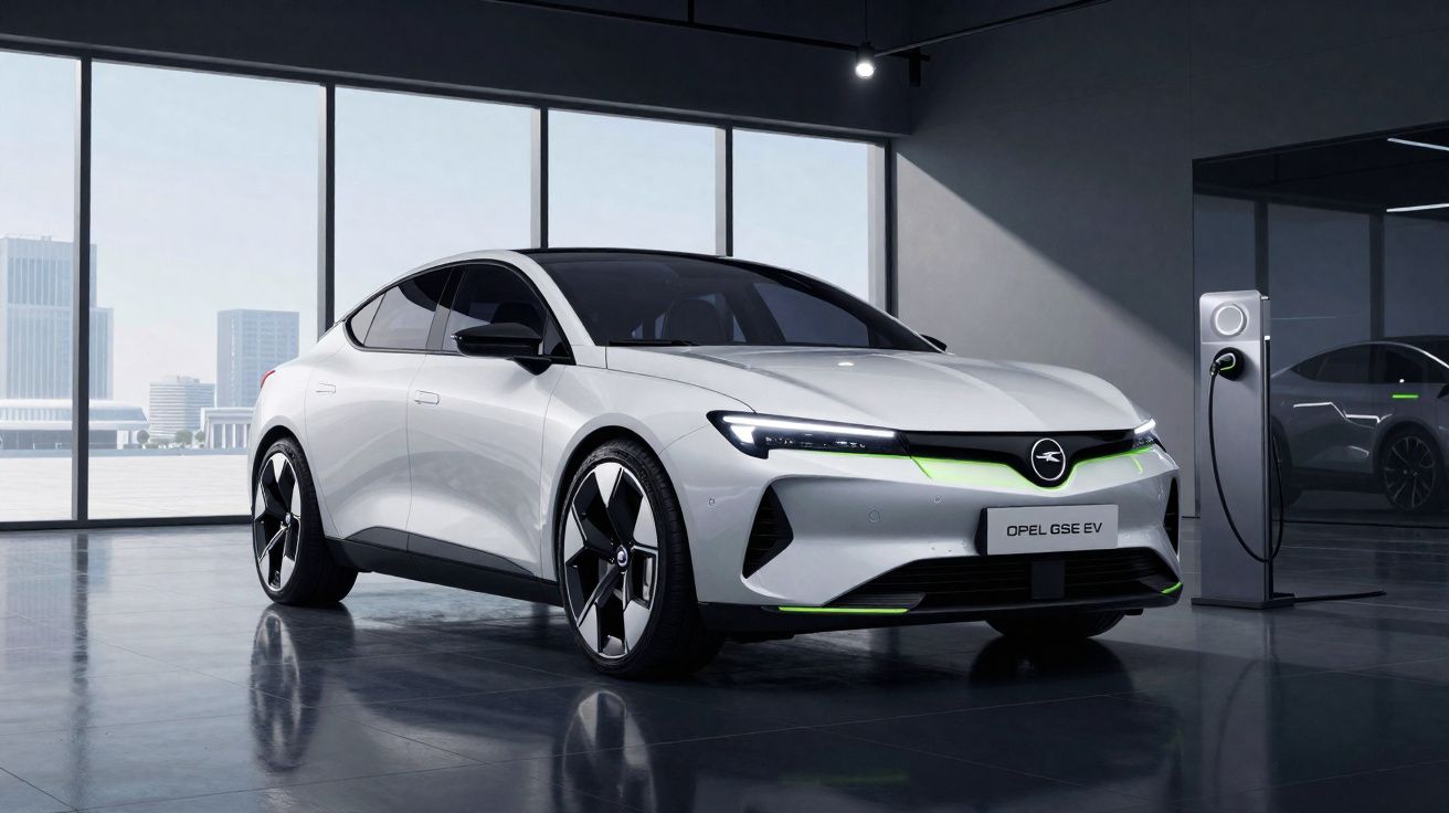 Carro elétrico branco Opel GSE EV carregando em estação interna com janelas grandes e visão urbana ao fundo.