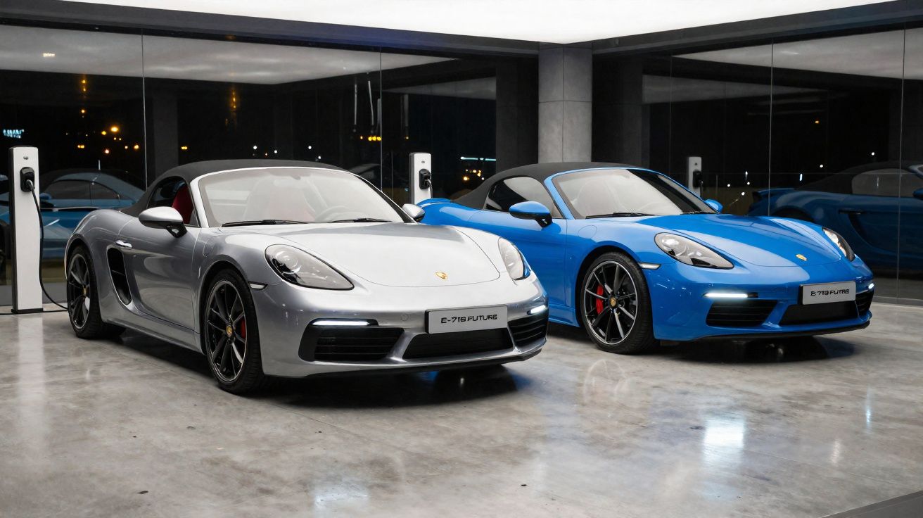 Dois carros esportivos Porsche 718 Boxster conversíveis, um cinza e outro azul, estacionados em garagem moderna.