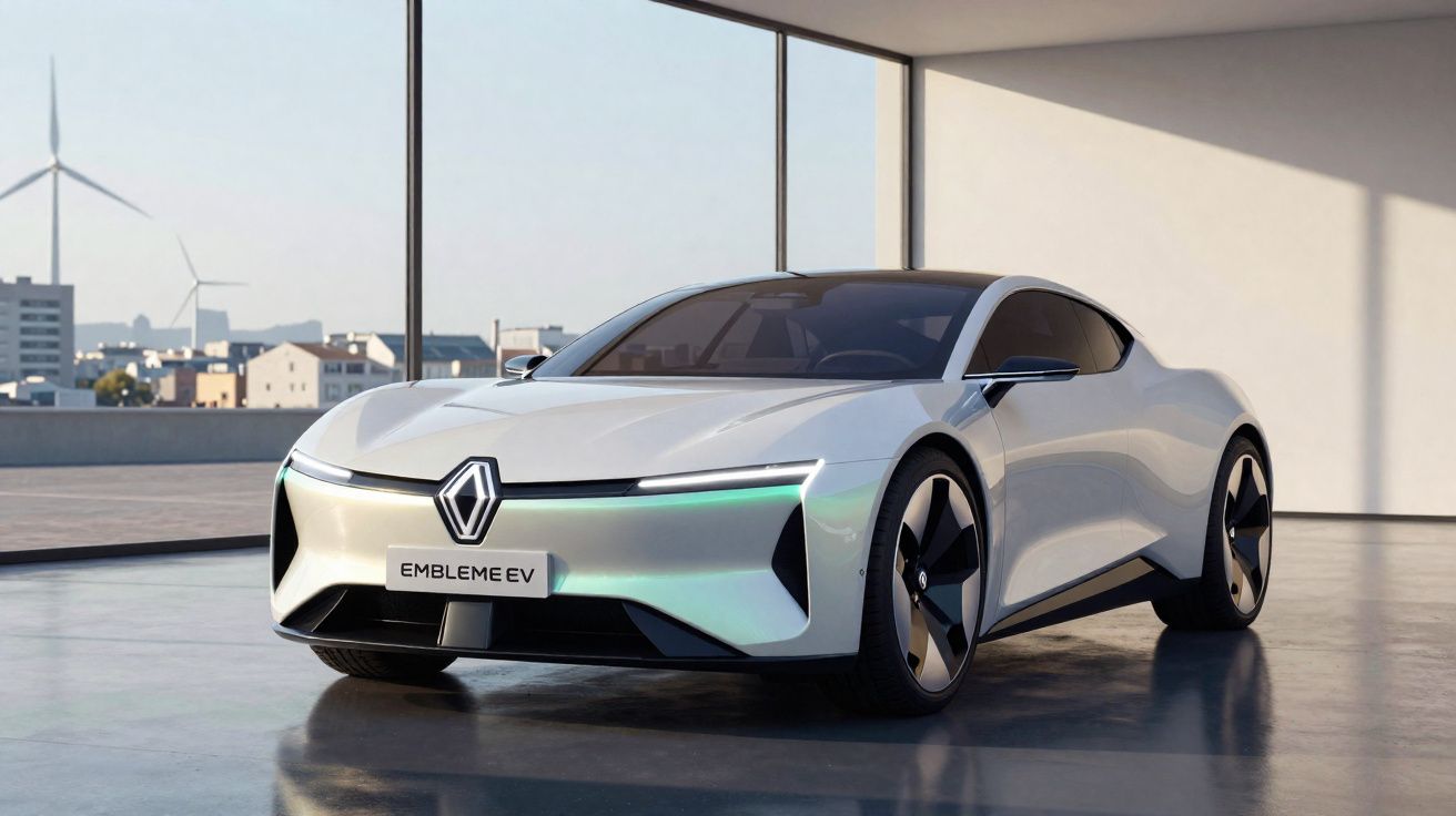 Carro elétrico branco com design futurista estacionado em garagem com vista para turbinas eólicas.