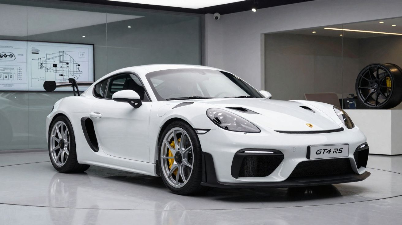Carro esportivo branco Porsche GT4 RS em ambiente sofisticado com piso e paredes claras.