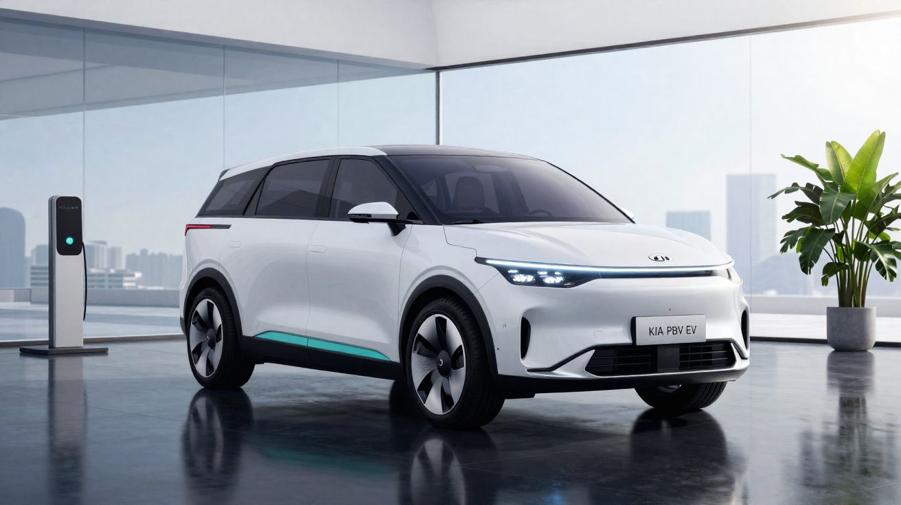 Carro elétrico branco Kia PBV EV estacionado em ambiente moderno com carregador e planta ao fundo.