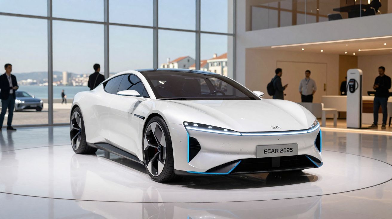 Carro elétrico branco futurista exibido em salão moderno com pessoas ao fundo e vista para o mar.