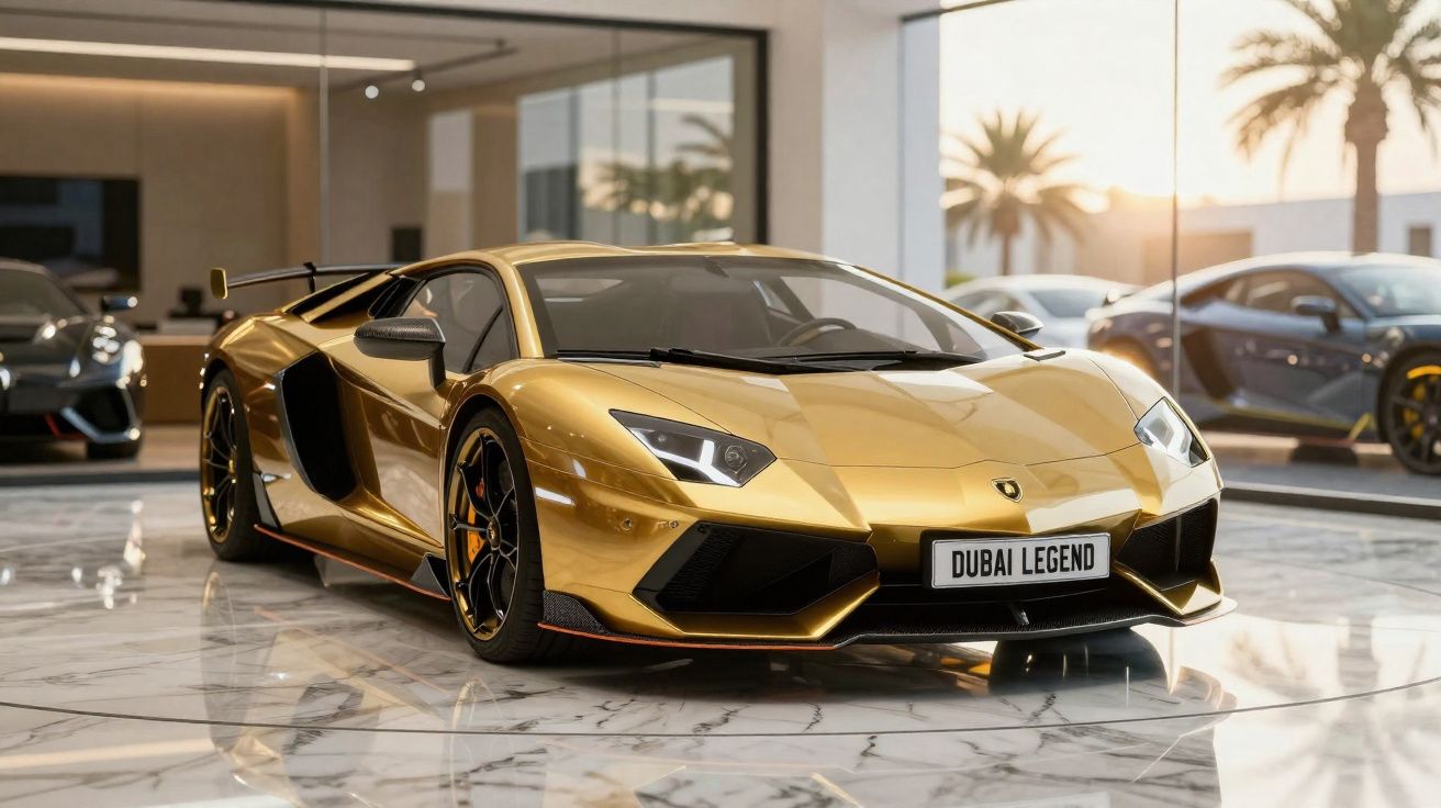 Carro esportivo Lamborghini dourado em showroom com piso de mármore e carros ao fundo.