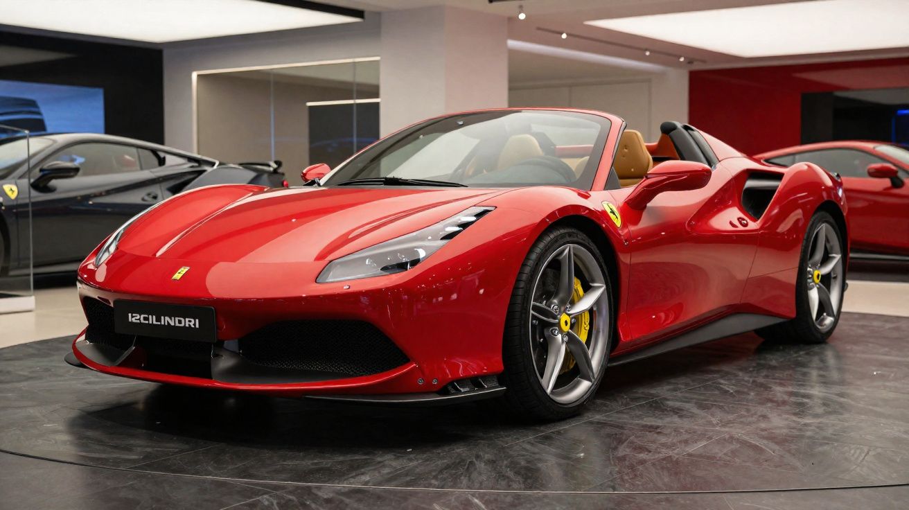 Carro esportivo conversível vermelho Ferrari exibido em salão com interior bege e rodas cinza.
