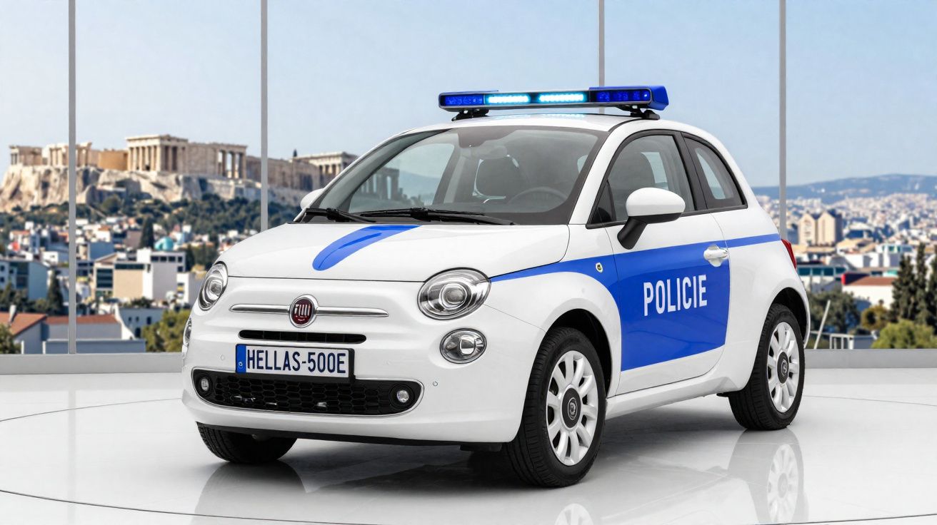 Carro policial branco com faixa azul e sirene, modelo Fiat 500, em ambiente urbano ao fundo.